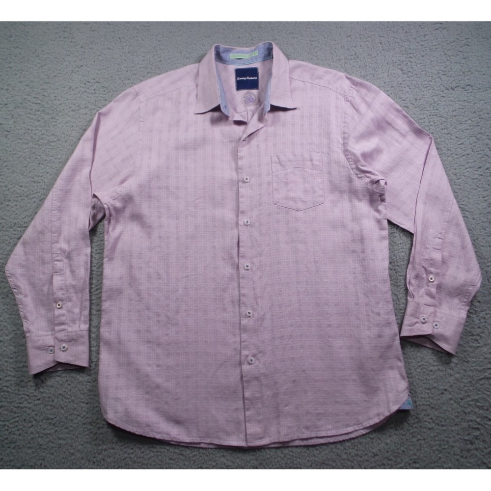 Tommy Bahama Shirt Mens Size Medium Purple Plaid‎ Button Up Long Sleeve Linen
